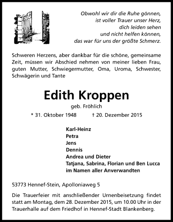 Anzeige von Edith Kroppen von Kölner Stadt-Anzeiger / Kölnische Rundschau / Express