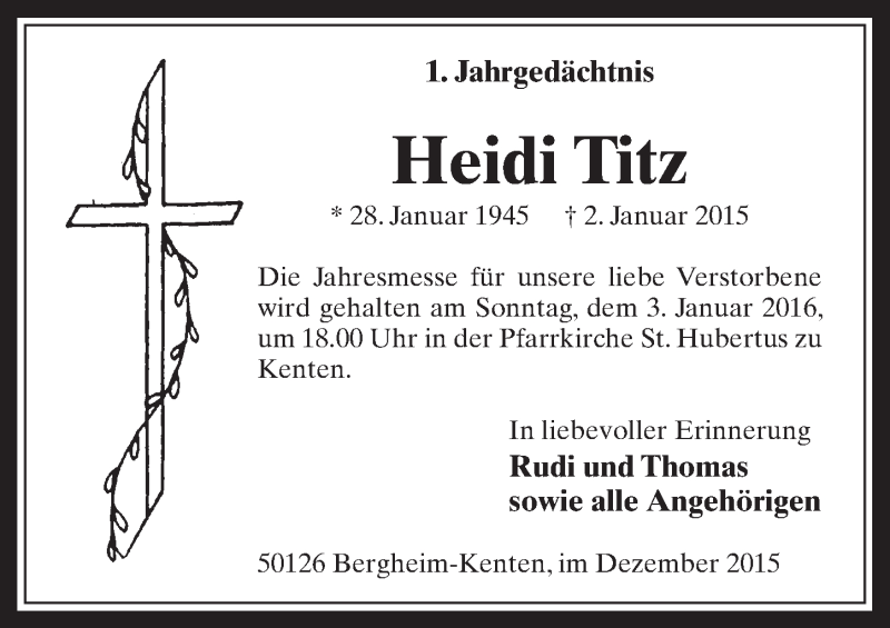  Traueranzeige für Heidi Titz vom 30.12.2015 aus  Werbepost 