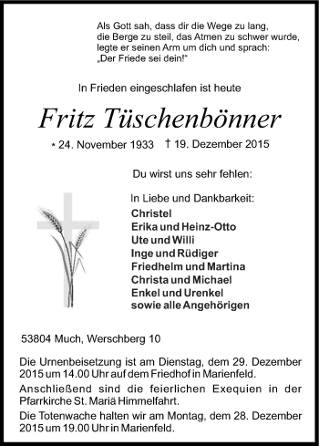Anzeige von Fritz Tüschenbönner von Kölner Stadt-Anzeiger / Kölnische Rundschau / Express