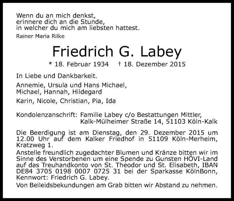  Traueranzeige für Friedrich Labey vom 23.12.2015 aus Kölner Stadt-Anzeiger / Kölnische Rundschau / Express