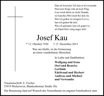 Anzeige von Josef Kau von Kölner Stadt-Anzeiger / Kölnische Rundschau / Express