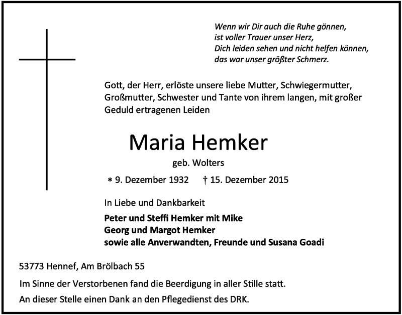  Traueranzeige für Maria Hemker vom 30.12.2015 aus  Extra Blatt 