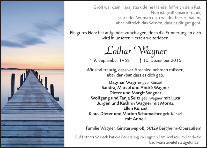  Traueranzeige für Lothar Wagner vom 23.12.2015 aus  Werbepost 