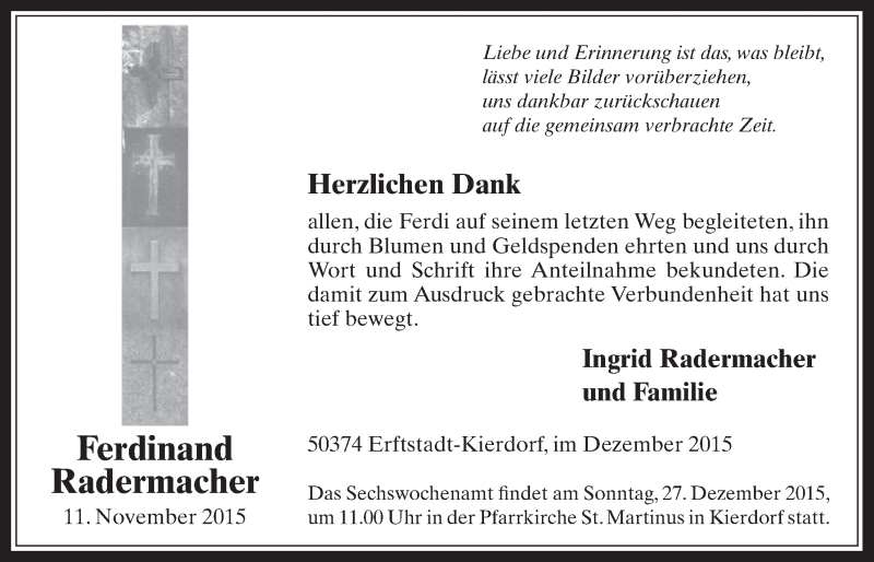  Traueranzeige für Ferdinand Radermacher vom 23.12.2015 aus  Werbepost 