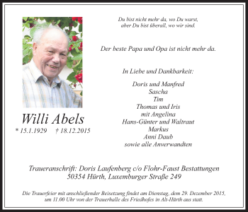 Anzeige von Willi Abels von  Wochenende 