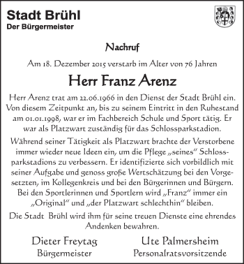 Anzeige von Franz Arenz von  Schlossbote/Werbekurier 