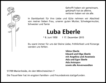Anzeige von Luba Eberle von Kölner Stadt-Anzeiger / Kölnische Rundschau / Express