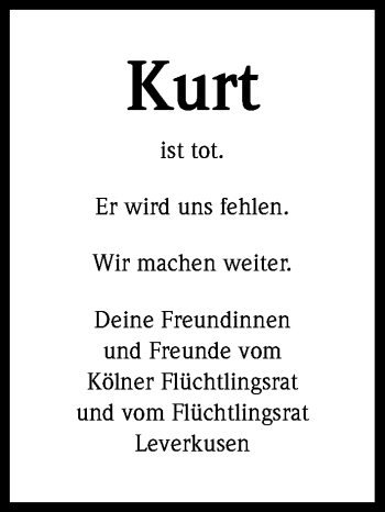 Anzeige von Kurt  von Kölner Stadt-Anzeiger / Kölnische Rundschau / Express