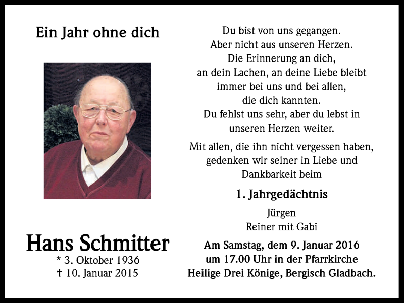  Traueranzeige für Hans Schmitter vom 30.12.2015 aus Kölner Stadt-Anzeiger / Kölnische Rundschau / Express