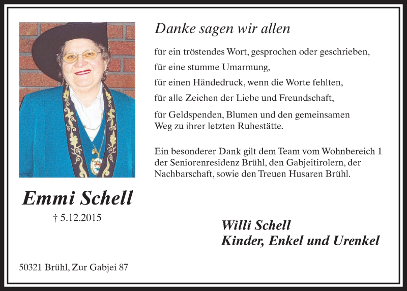  Traueranzeige für Emmi Schell vom 30.12.2015 aus  Schlossbote/Werbekurier 