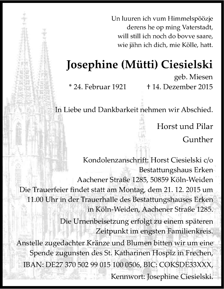  Traueranzeige für Josephine Ciesielski vom 19.12.2015 aus Kölner Stadt-Anzeiger / Kölnische Rundschau / Express