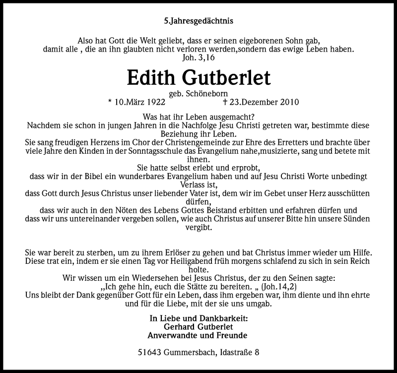  Traueranzeige für Edith Gutberlet vom 23.12.2015 aus Kölner Stadt-Anzeiger / Kölnische Rundschau / Express