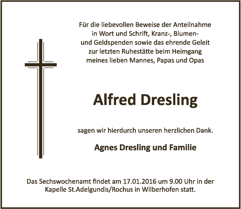  Traueranzeige für Alfred Dresling vom 30.12.2015 aus  Extra Blatt 