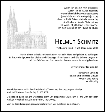 Anzeige von Helmut Schmitz von Kölner Stadt-Anzeiger / Kölnische Rundschau / Express