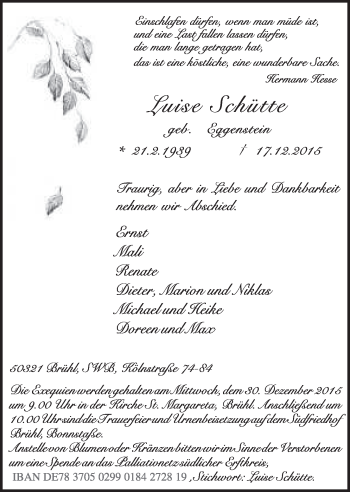 Anzeige von Luise Schütte von  Schlossbote/Werbekurier 