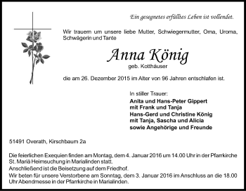 Anzeige von Anna König von Kölner Stadt-Anzeiger / Kölnische Rundschau / Express