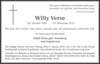 Anzeige von Willy Verse von  Werbepost 