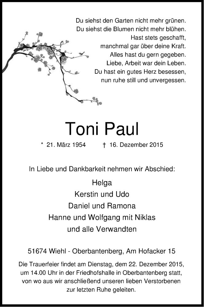  Traueranzeige für Toni Paul vom 21.12.2015 aus Kölner Stadt-Anzeiger / Kölnische Rundschau / Express