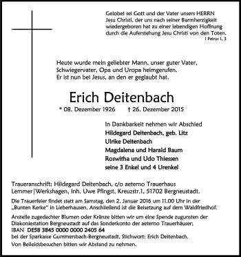 Anzeige von Erich Deitenbach von Kölner Stadt-Anzeiger / Kölnische Rundschau / Express