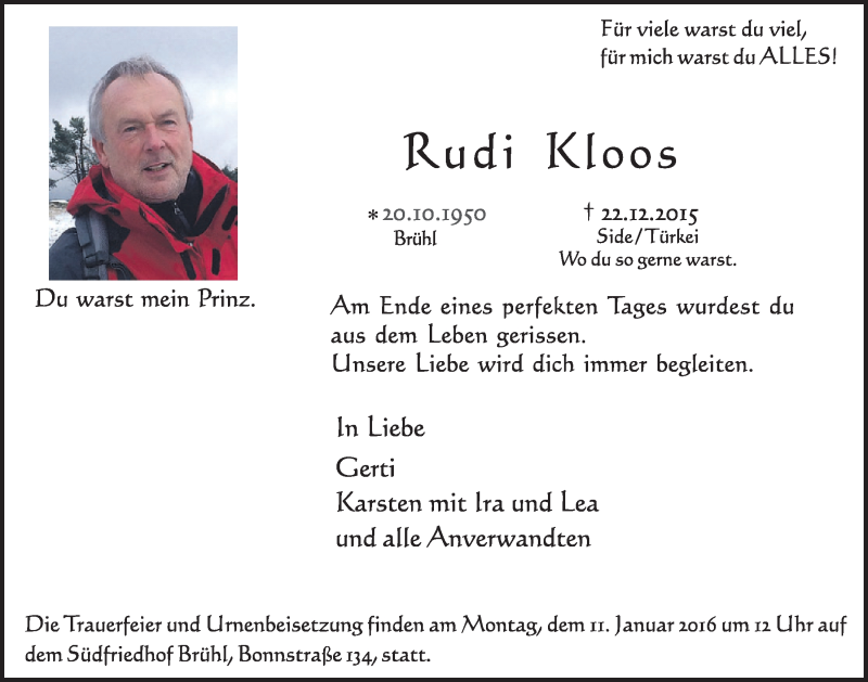  Traueranzeige für Rudi Kloos vom 30.12.2015 aus  Schlossbote/Werbekurier 