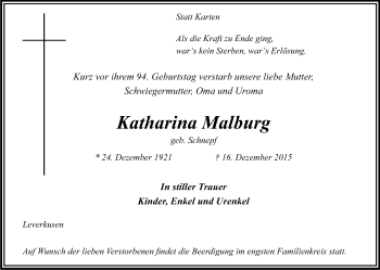 Anzeige von Katharina Malburg von Kölner Stadt-Anzeiger / Kölnische Rundschau / Express