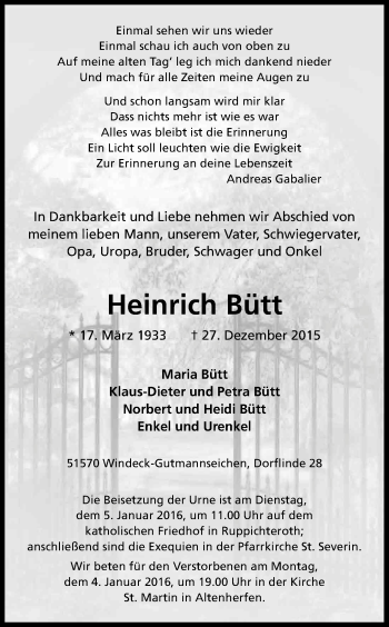 Anzeige von Heinrich Bütt von Kölner Stadt-Anzeiger / Kölnische Rundschau / Express
