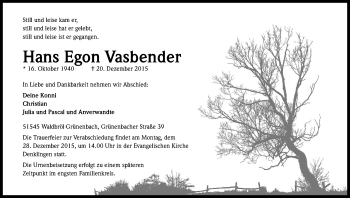 Anzeige von Hans Egon Vasbender von Kölner Stadt-Anzeiger / Kölnische Rundschau / Express