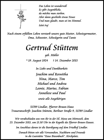 Anzeige von Gertrud Stüttem von Kölner Stadt-Anzeiger / Kölnische Rundschau / Express