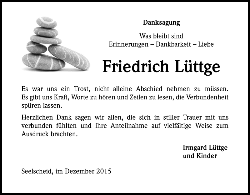  Traueranzeige für Friedrich Lüttge vom 19.12.2015 aus Kölner Stadt-Anzeiger / Kölnische Rundschau / Express