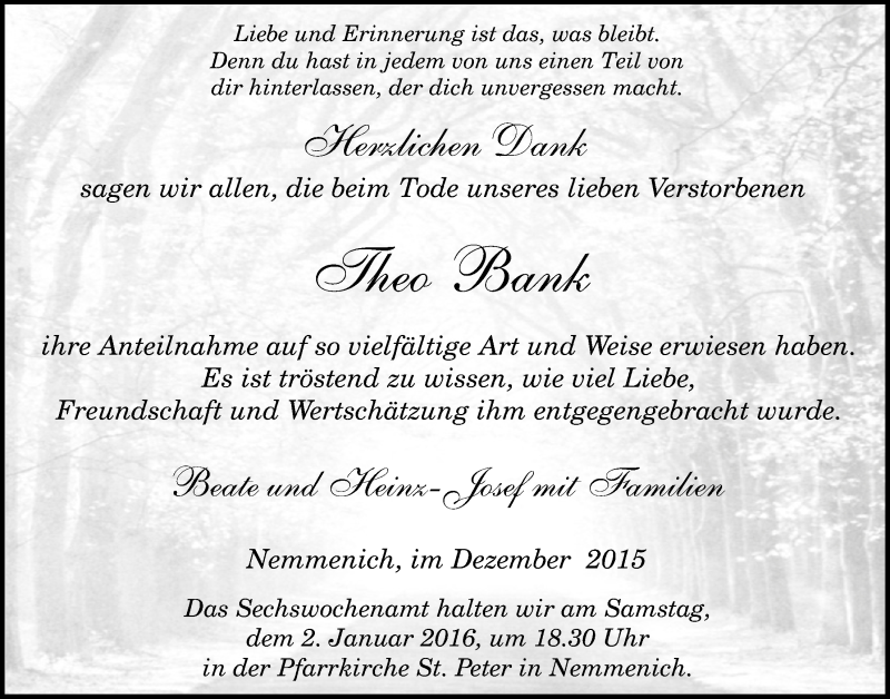  Traueranzeige für Theo Bank vom 20.12.2015 aus  Blickpunkt Euskirchen 