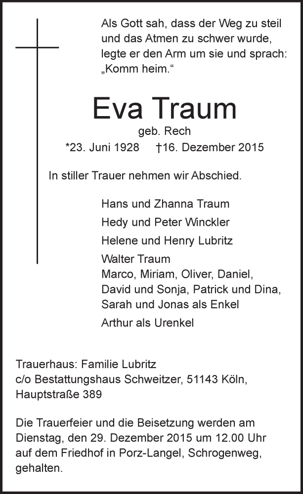  Traueranzeige für Eva Traum vom 23.12.2015 aus  Kölner Wochenspiegel 