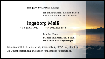 Anzeige von Ingeborg Meiß von Kölner Stadt-Anzeiger / Kölnische Rundschau / Express