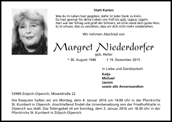 Anzeige von Margret Niederdorfer von Kölner Stadt-Anzeiger / Kölnische Rundschau / Express