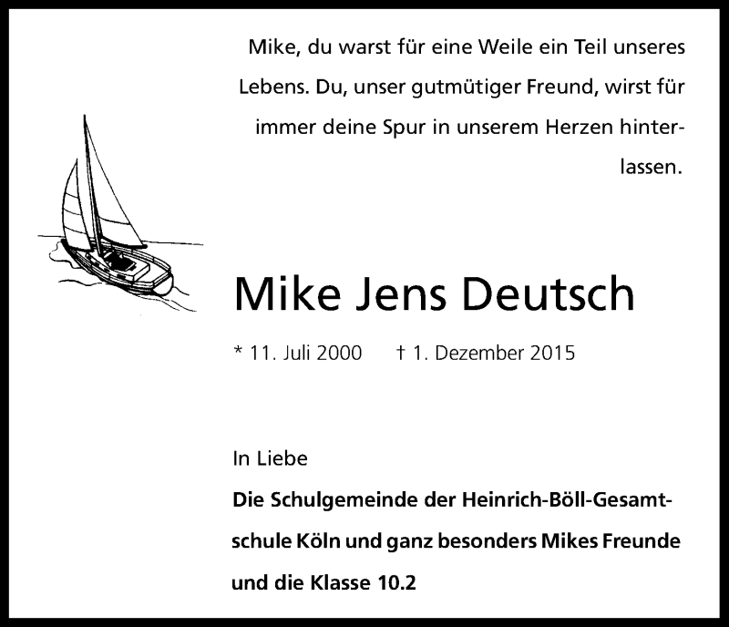  Traueranzeige für Mike Jens Deutsch vom 19.12.2015 aus Kölner Stadt-Anzeiger / Kölnische Rundschau / Express