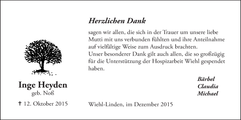  Traueranzeige für Inge Heyden vom 23.12.2015 aus  Anzeigen Echo 
