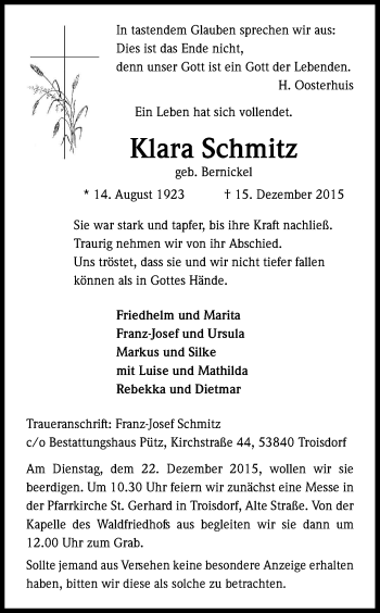 Anzeige von Klara Schmitz von Kölner Stadt-Anzeiger / Kölnische Rundschau / Express