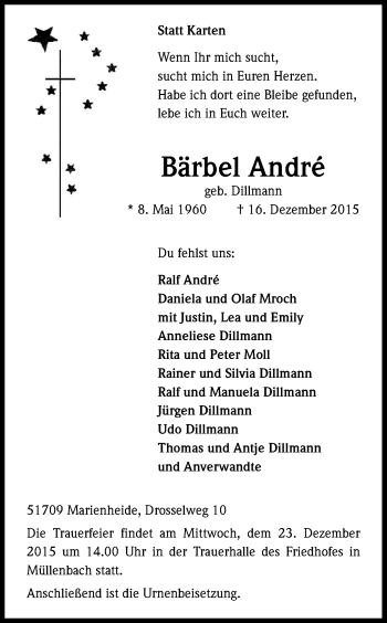 Anzeige von Bärbel André von Kölner Stadt-Anzeiger / Kölnische Rundschau / Express
