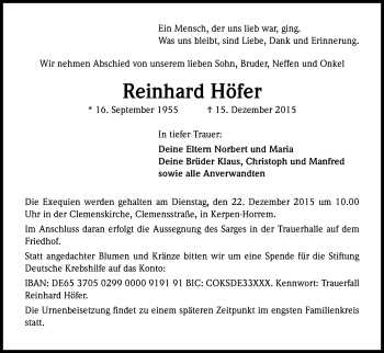 Anzeige von Reinhard Höfer von Kölner Stadt-Anzeiger / Kölnische Rundschau / Express