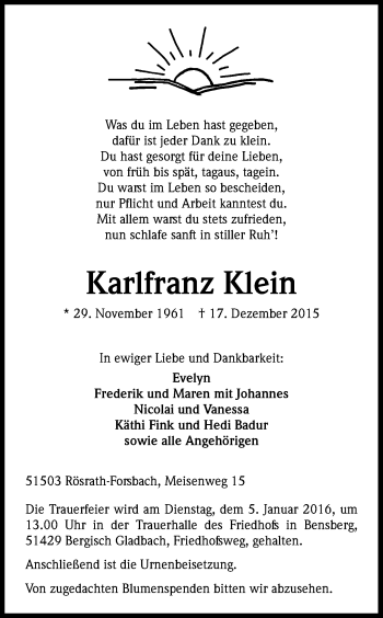 Anzeige von Karlfranz Klein von Kölner Stadt-Anzeiger / Kölnische Rundschau / Express