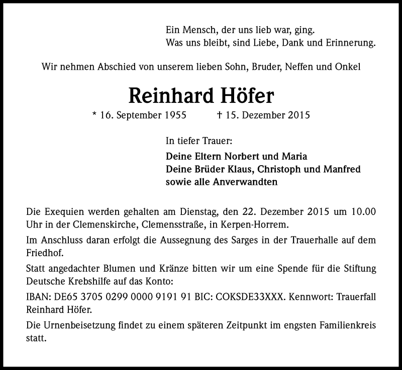  Traueranzeige für Reinhard Höfer vom 19.12.2015 aus Kölner Stadt-Anzeiger / Kölnische Rundschau / Express