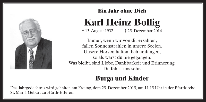  Traueranzeige für Karl Heinz Bollig vom 23.12.2015 aus  Wochenende 