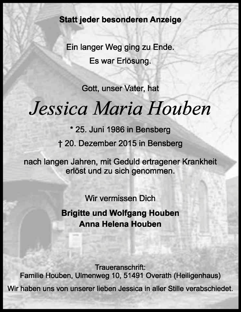  Traueranzeige für Jessica Maria Houben vom 29.12.2015 aus Kölner Stadt-Anzeiger / Kölnische Rundschau / Express