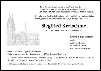 Anzeige von Siegfried Kretschmer von Kölner Stadt-Anzeiger / Kölnische Rundschau / Express
