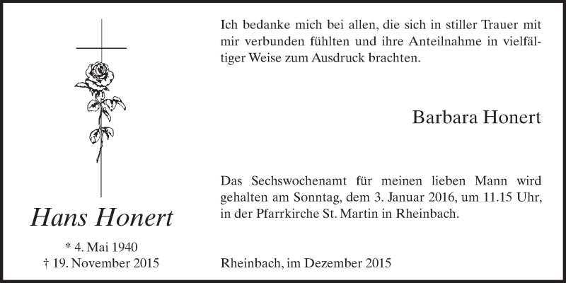  Traueranzeige für Hans Honert vom 30.12.2015 aus  Schaufenster/Blickpunkt 