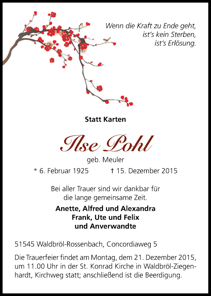  Traueranzeige für Ilse Pohl vom 19.12.2015 aus Kölner Stadt-Anzeiger / Kölnische Rundschau / Express