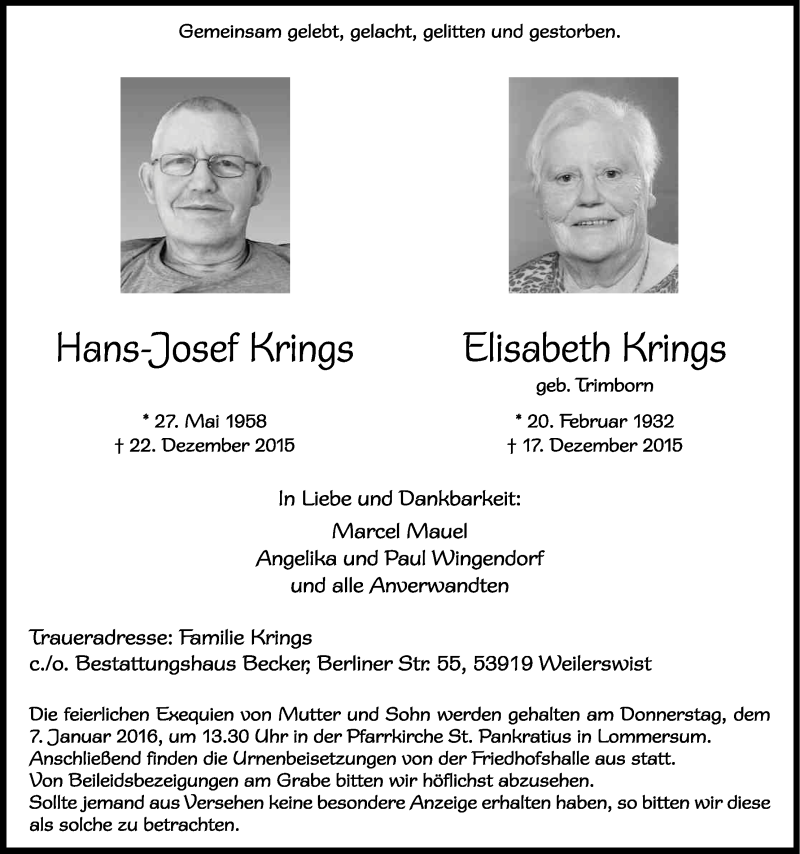  Traueranzeige für Elisabeth Krings vom 30.12.2015 aus Kölner Stadt-Anzeiger / Kölnische Rundschau / Express