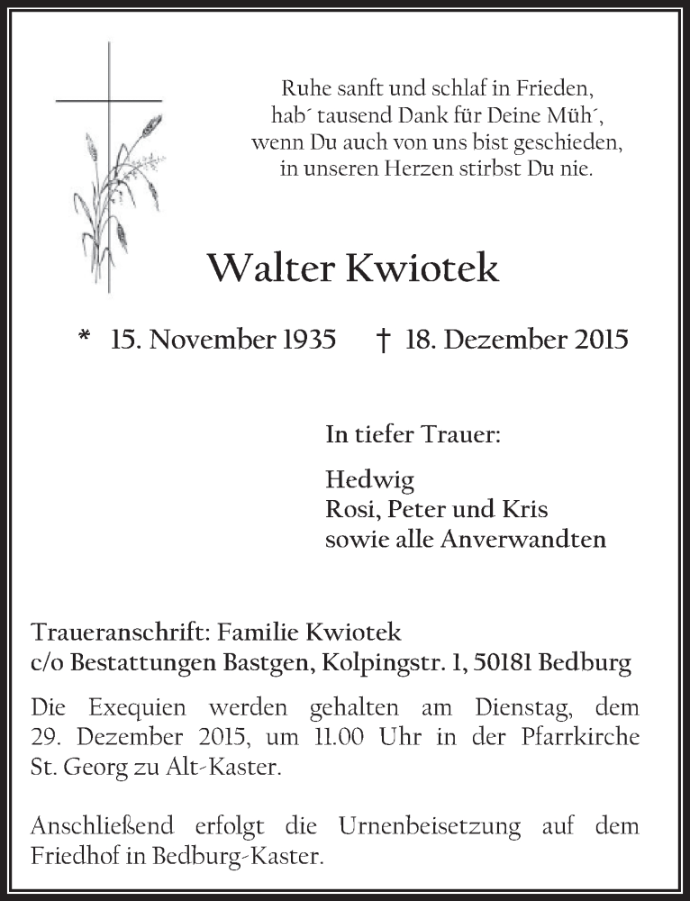  Traueranzeige für Walter Kwiotek vom 28.12.2015 aus  Sonntags-Post 