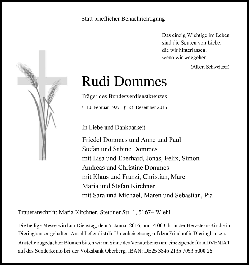  Traueranzeige für Rudi Dommes vom 31.12.2015 aus Kölner Stadt-Anzeiger / Kölnische Rundschau / Express