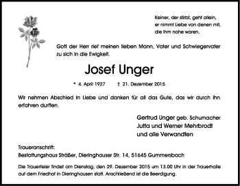 Anzeige von Josef Unger von Kölner Stadt-Anzeiger / Kölnische Rundschau / Express