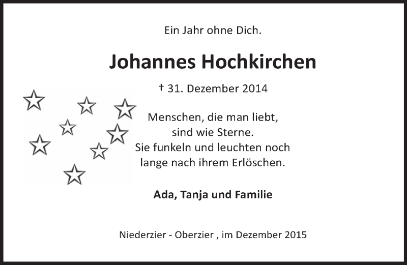  Traueranzeige für Johannes Hochkirchen vom 30.12.2015 aus  Werbepost 